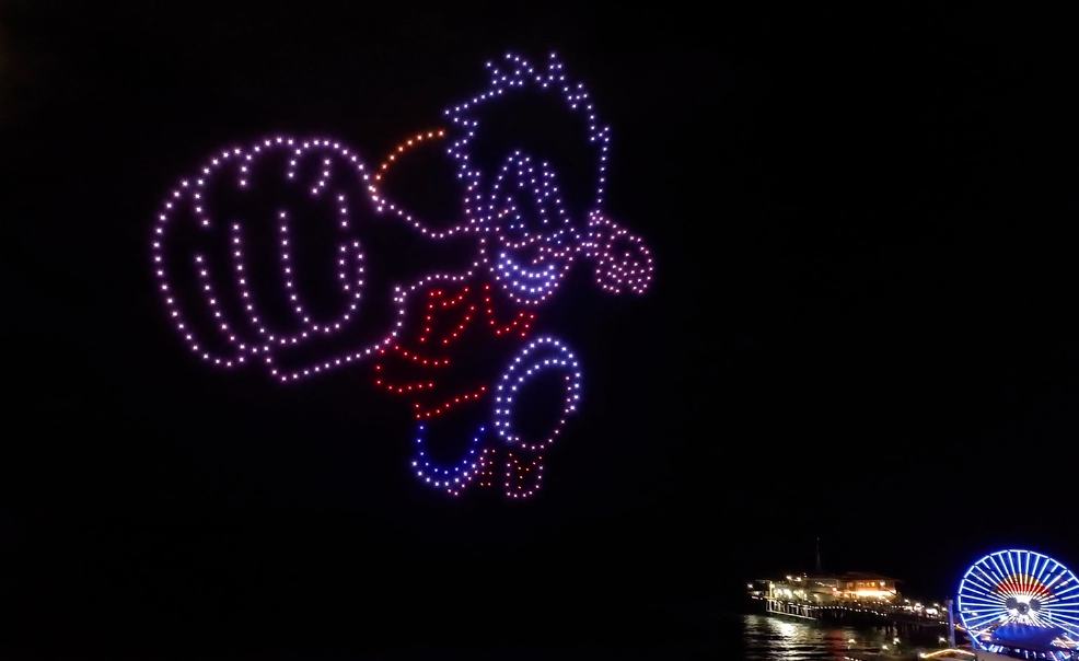 Luffy power punch in the One Piece drone light show in Santa Monica