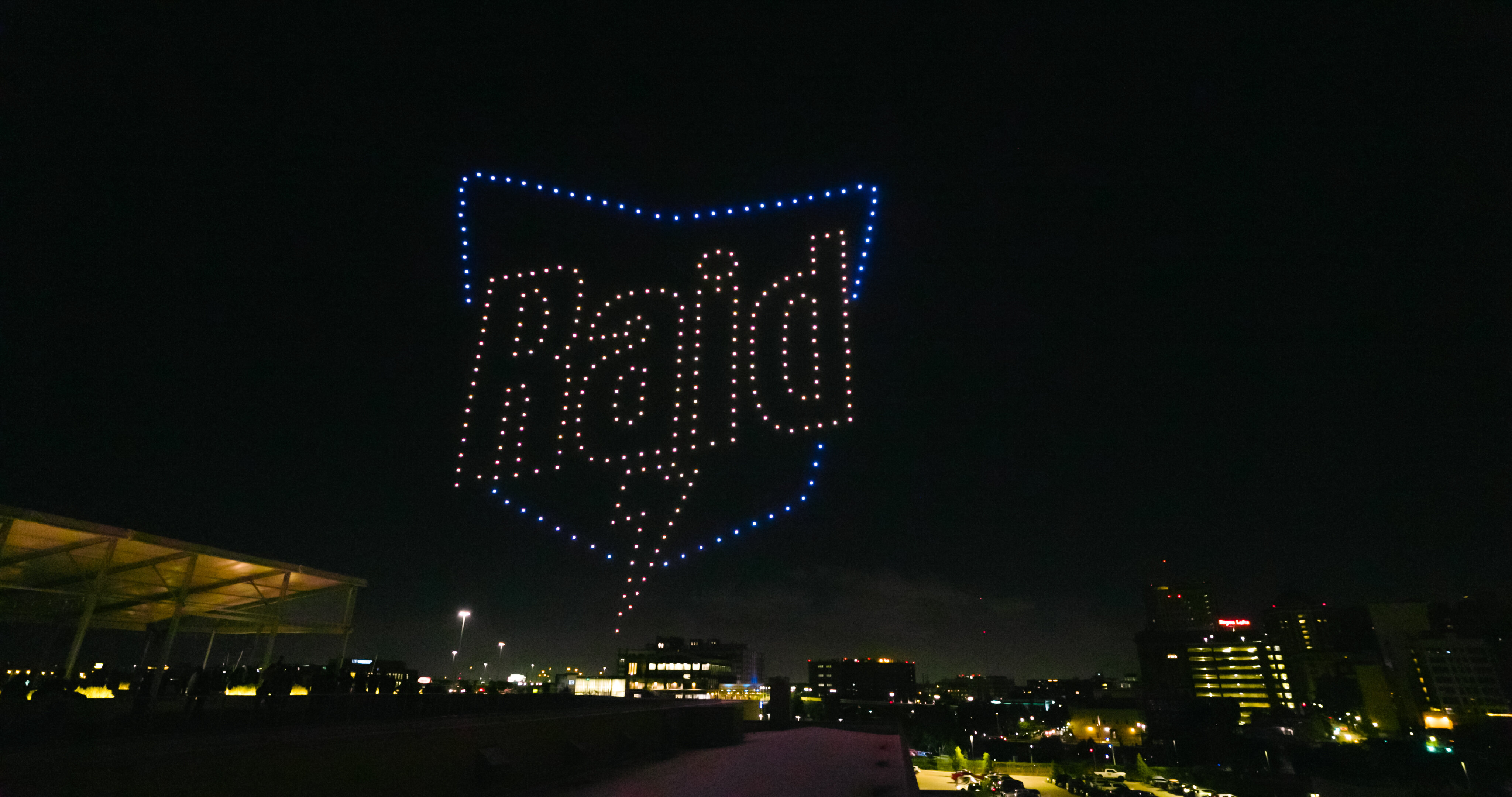 SC Johnson Raid logo in the sky during drone light show