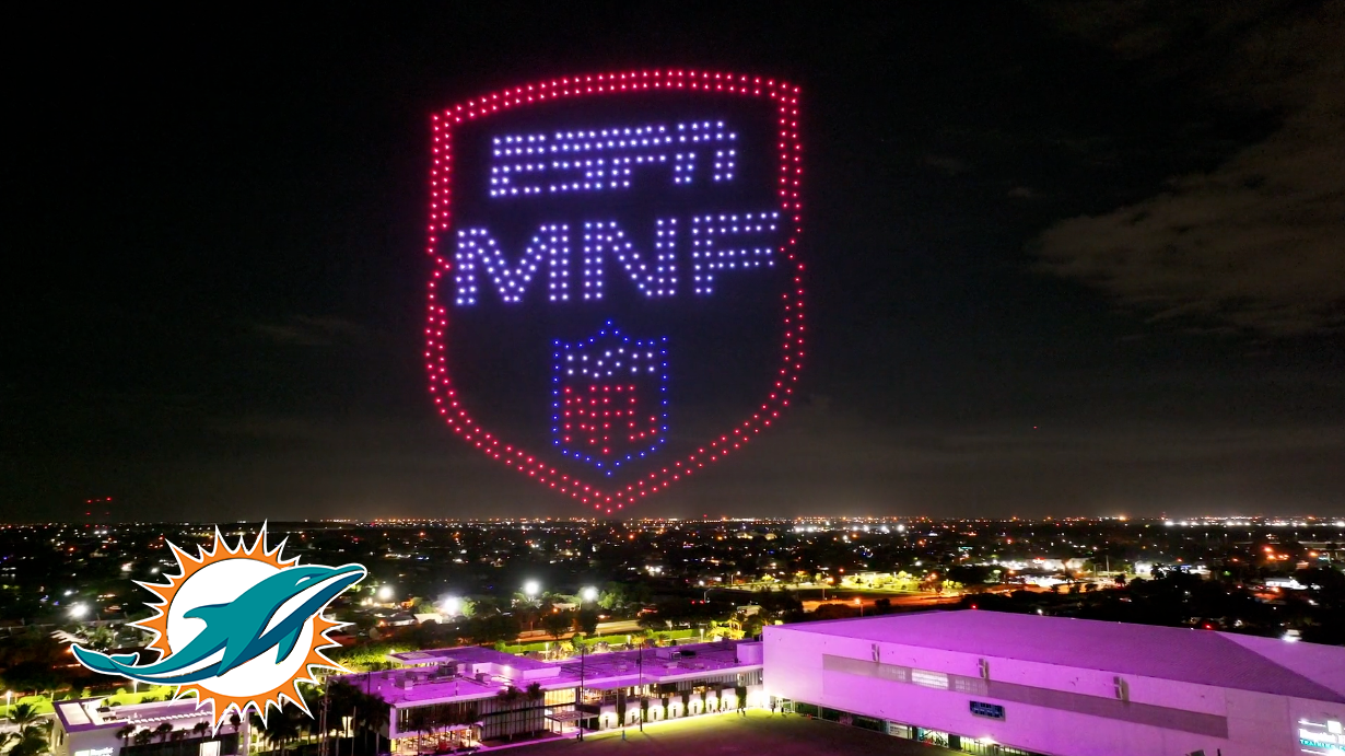 The Monday Night Football logo over the Hard Rock Stadium in drone show.