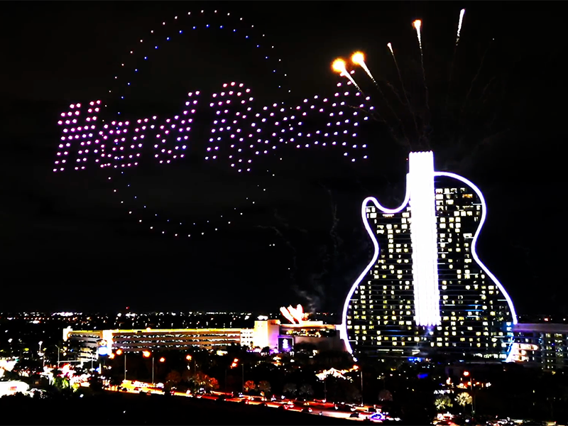 Picture of a drone light show at the Hard Rock hotel and casino