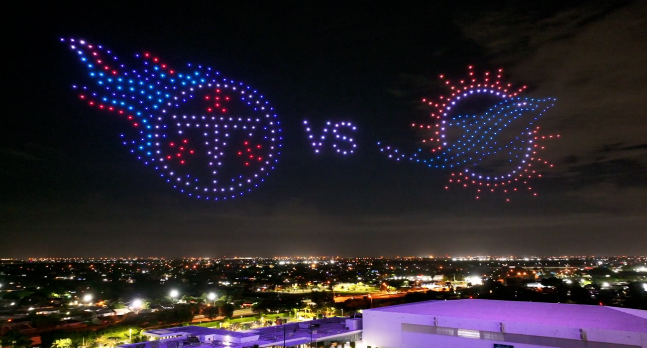 An image of a drone light show for the NFL over Miami Florida