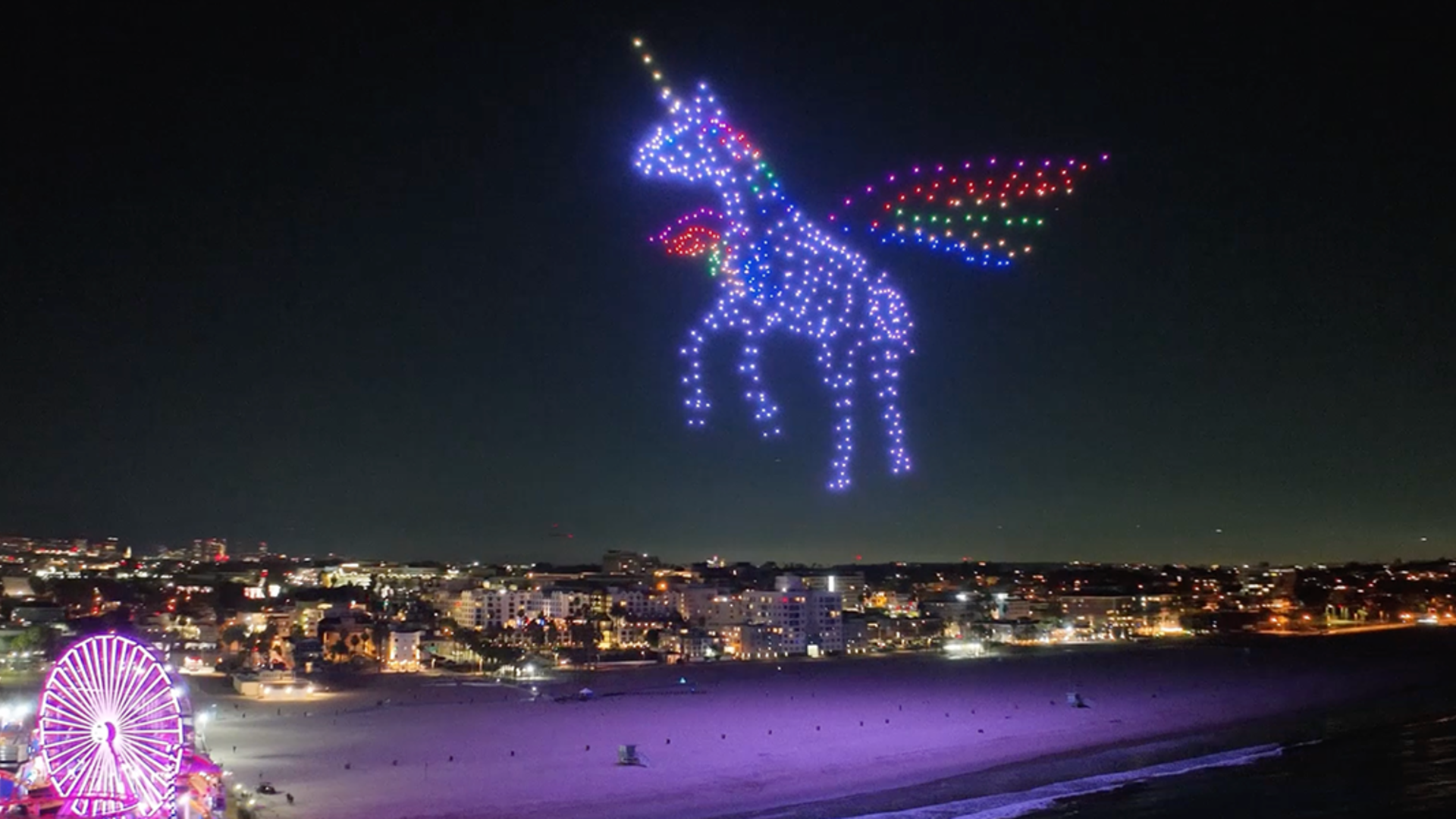 Unicorn flying through the sky in Pixis Drone Light Show for Eleven Eleven Media Group