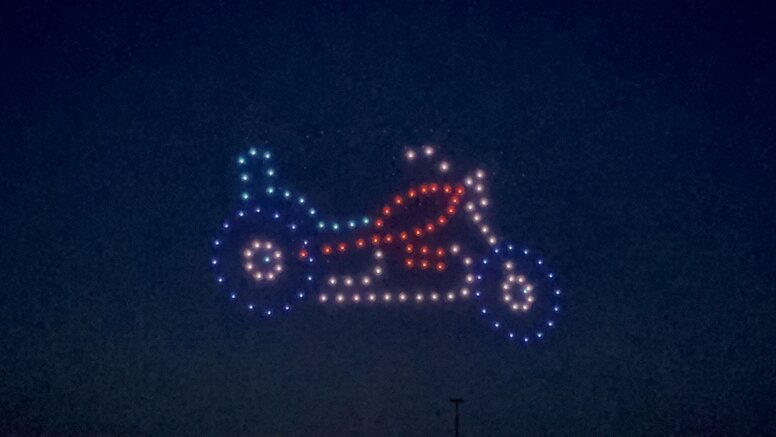 Motocyle in sky at drone light show in Elmira, NY