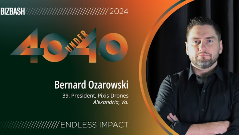 Image of 39 year old Bernard Ozarowski, President of Pixis Drones, being honored for his inclusion on the Bizbash 40 Under 40 list.