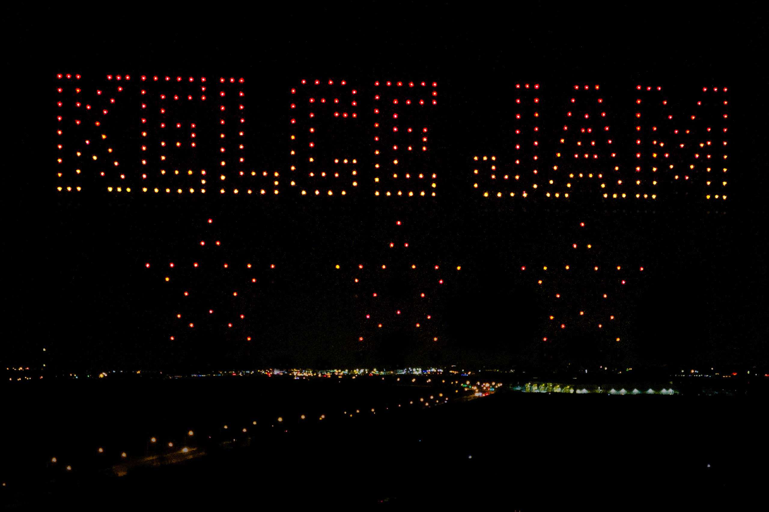 Kelce Jam written in sky at drone light show for the 2023 NFL Draft