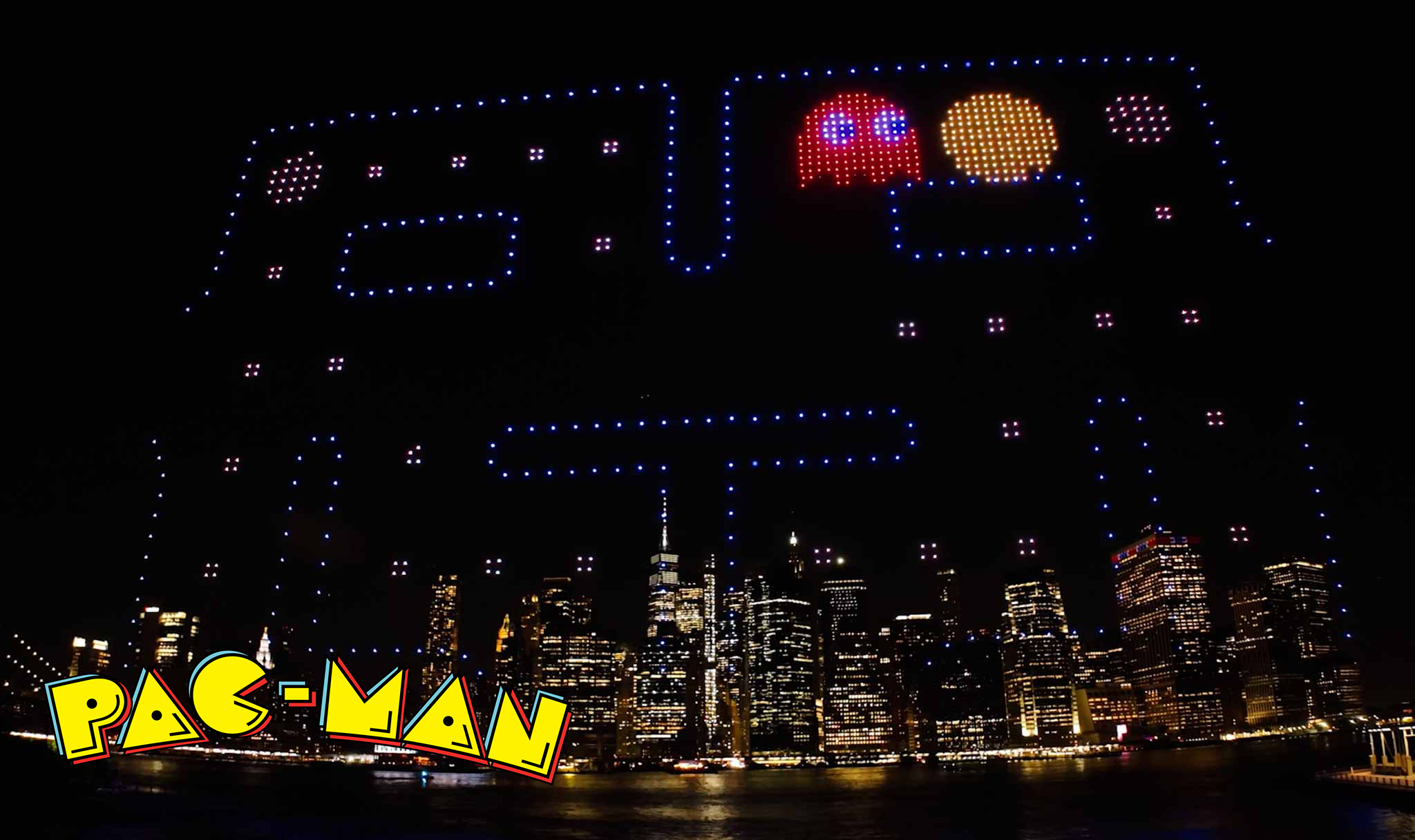 A giant PAC-MAN gameboard in a drone light show over NYC