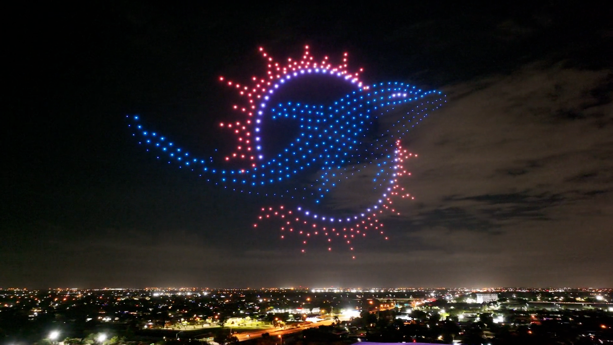 Picrture of Miami Dolphins logo in Monday Night Football drone light show 