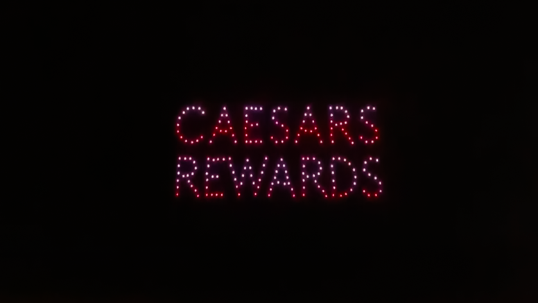 Caesars Rewards written in the sky over Lake Charles in Drone Light Show